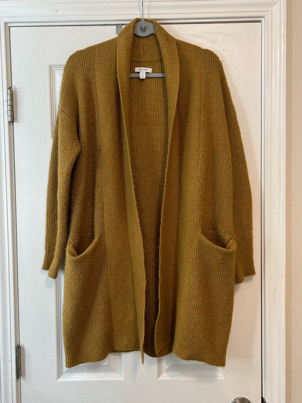 Nine West Size Small Mustard Brown Longline Open Front Cardigan Sweater Pockets